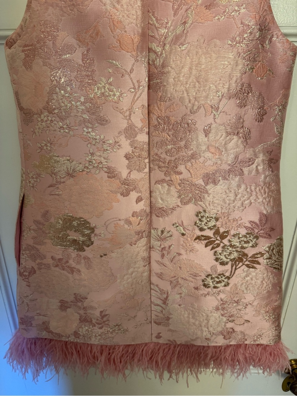 Cara Cara Pink Floral Brocade Dress with Feather Hem - Picture 3 of 5